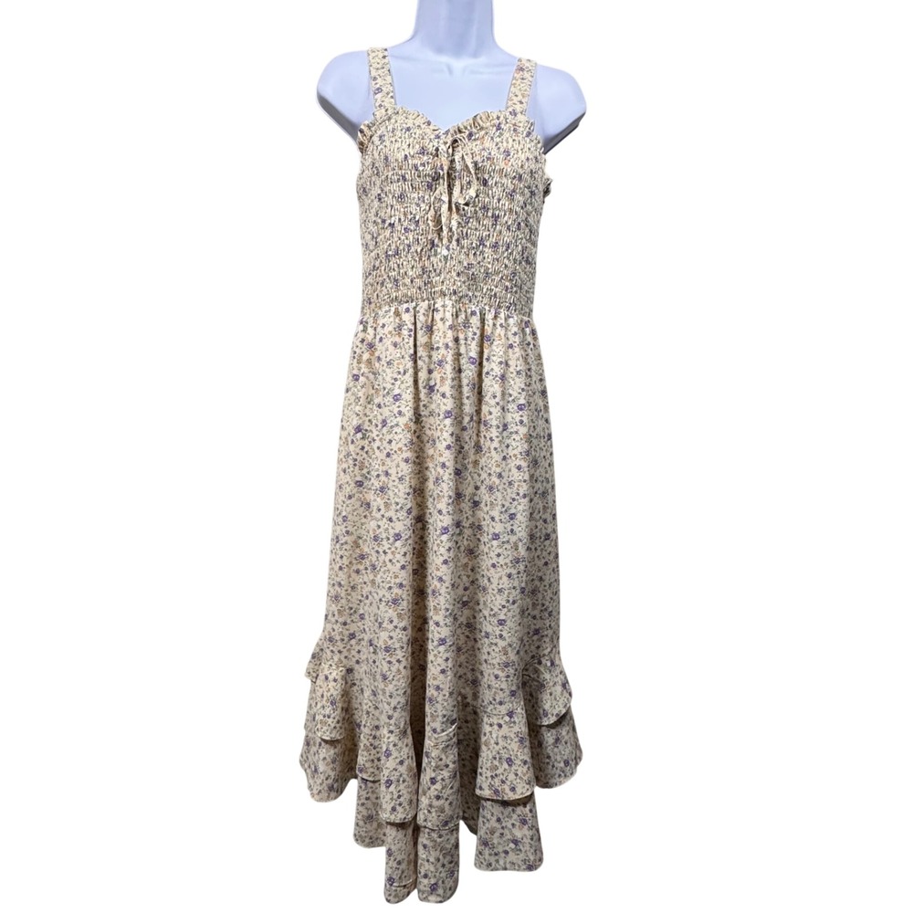 Floral Smocked Midi Dress Ruffle Tiered L Cottagecore Milkmade Prairie Feminine‎